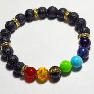 Natural Chakra and Lava Bead Crystal Beaded Bracelet 8mm 7 1/2" Large